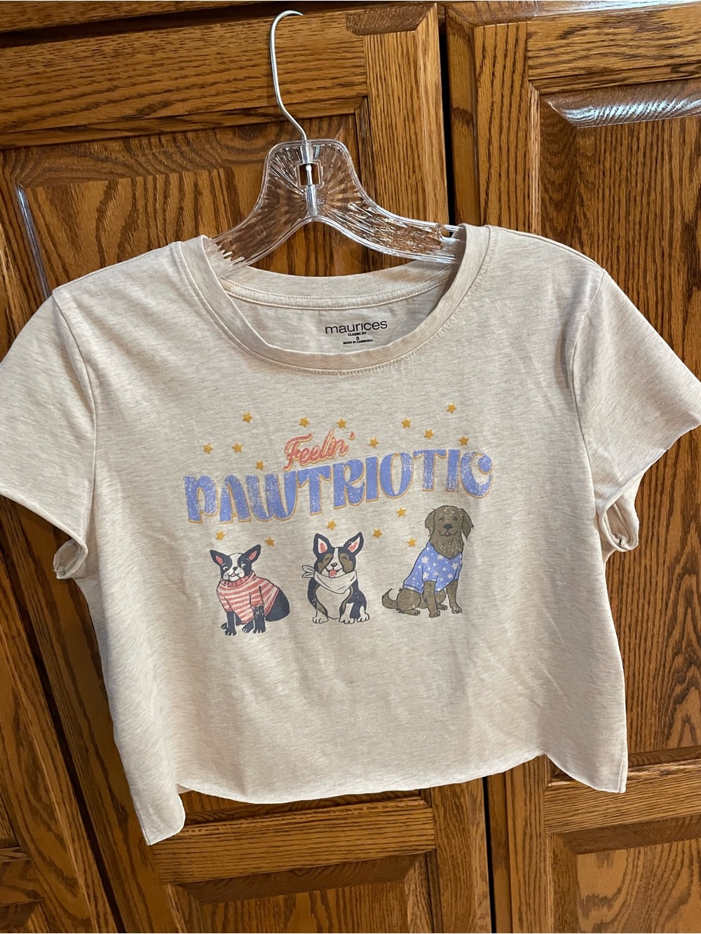 Maurices Cream Short Sleeve Tee with Patriotic Dog Trio Graphic